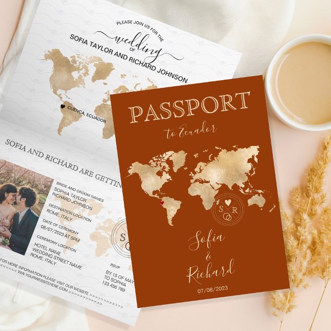 Invitación Mapa mundial del Boda Boho Terracotta Passport (Subido por el creador)