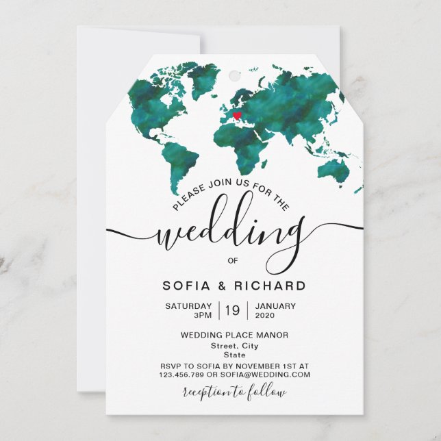 Invitación Mapa Mundial del Destino de Boda Corazón Invitació (Anverso)