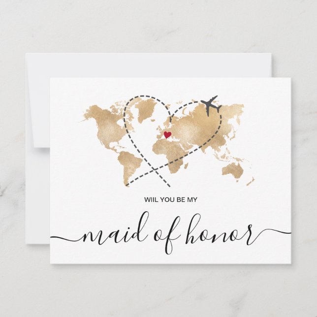 Invitación Mapa Mundial El oro será mi empleada de honor (Anverso)