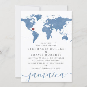 Invitación Mapa Mundial en Acuarela Azul Boda de Destino
