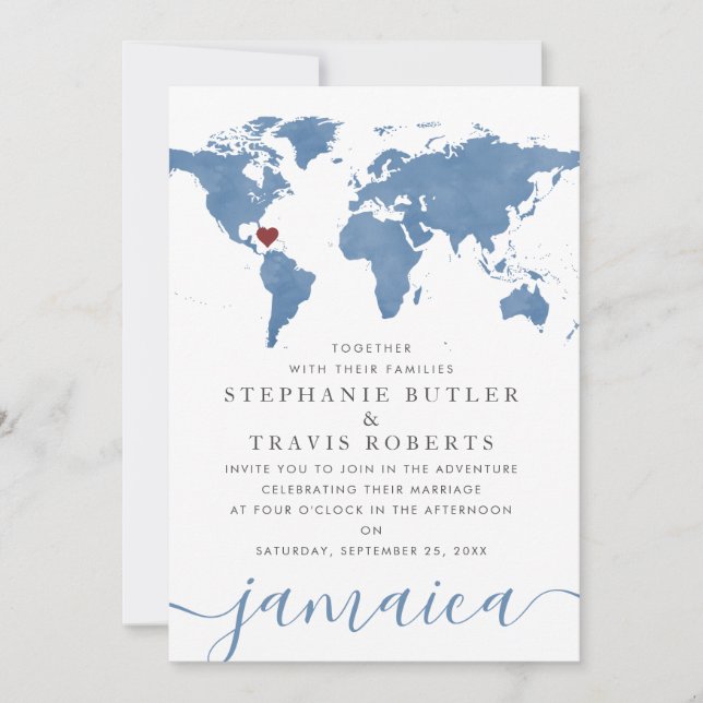 Invitación Mapa Mundial en Acuarela Azul para Boda de Destino (Anverso)