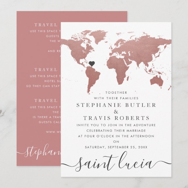 Invitación Mapa Mundial Tema de Boda de Viaje en Oro Rosa (Anverso / Reverso)