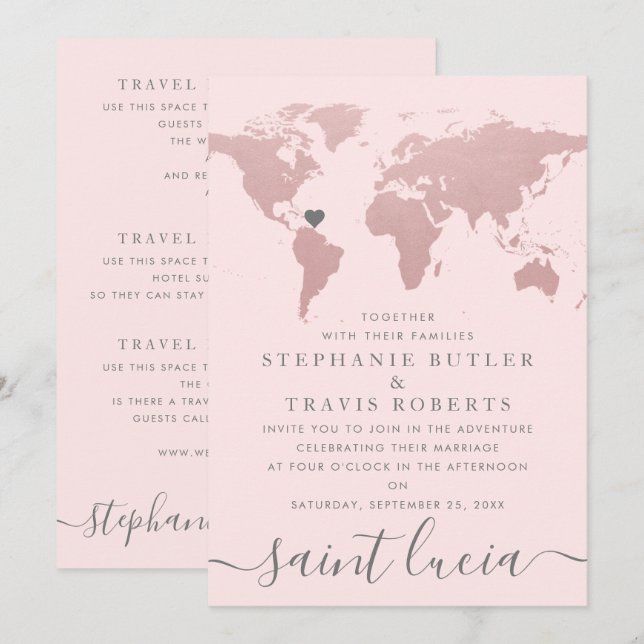 Invitación Mapa Mundial Tema de Boda de Viaje Rosa Dorado Rub (Anverso / Reverso)