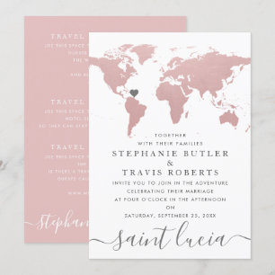 Invitación Mapa Mundial Tema de Viaje Boda Rosa Sonrojo