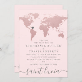 Invitación Mapa Mundial Tema de Viaje de Boda Rosa Dorado Rub