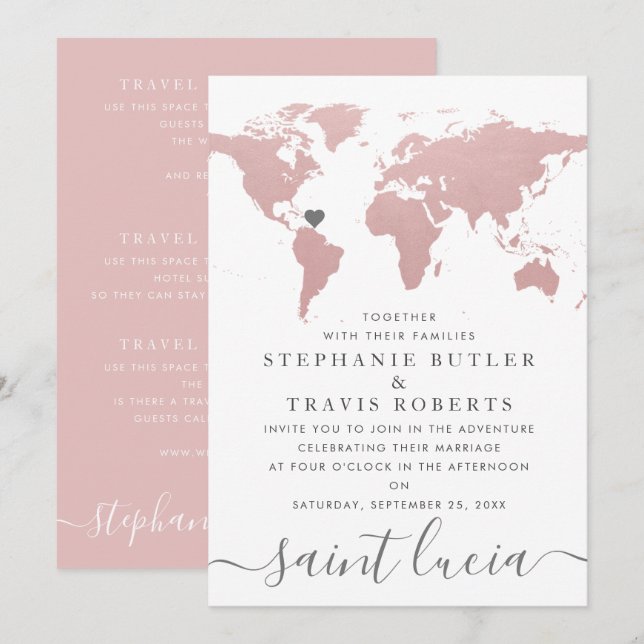 Invitación Mapa Mundial Tema de Viaje de Boda Rosa Sonrojo (Anverso / Reverso)