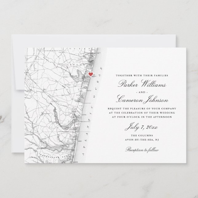 Invitación Mapa NJ de Avon-by-sea Elegante Boda blanco negro (Anverso)