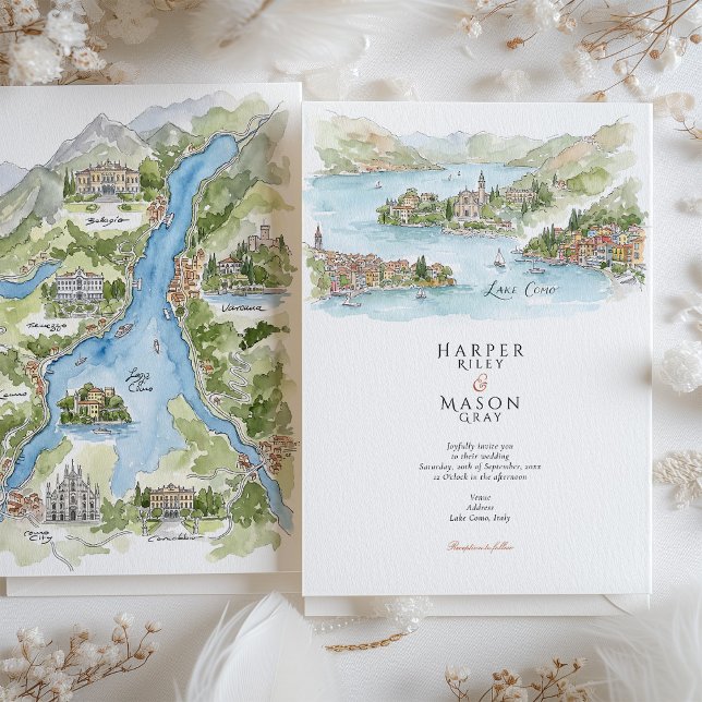 Invitación Mapa panorámico de acuarela del lago Como para bod (Subido por el creador)