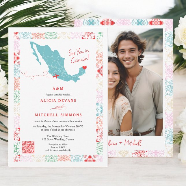 Invitación Mapa tropical mexicano de la boda destino QR (Tropical Mexico map QR destination wedding Invitation)