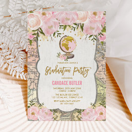 Invitación Mapa Vintage Viaje Aventura Floral Graduación