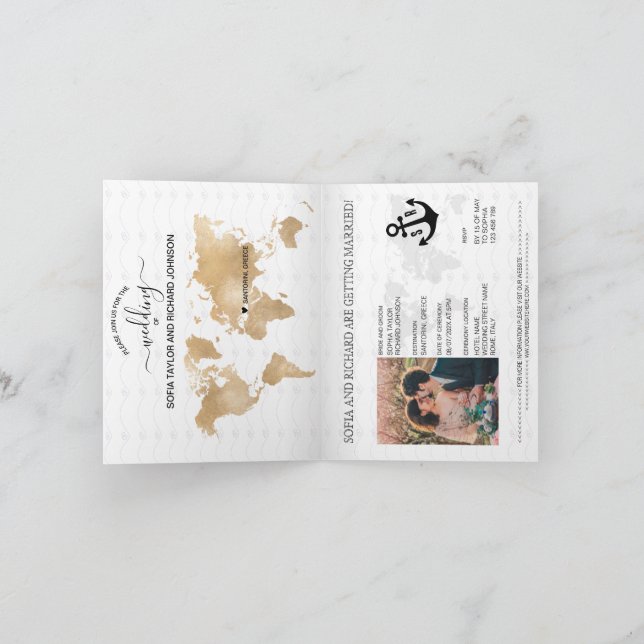 Invitación Mapa y ancla del pasaporte de la boda de destino e (Interior)