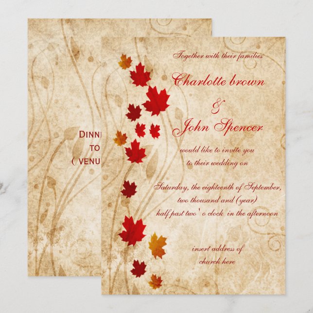 Invitación Maple deja Boda de caída rusa (Anverso / Reverso)