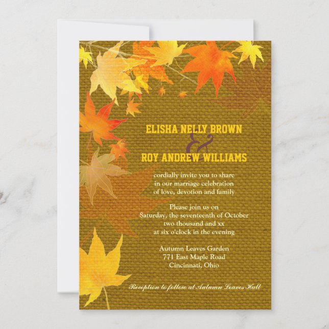 Invitación Maple deja una ruidosa Burlap Boda Caída (Anverso)