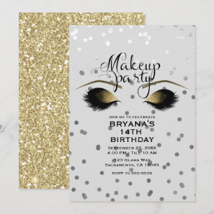 Invitación Maquillaje de pestañas con purpurina dorada y plat