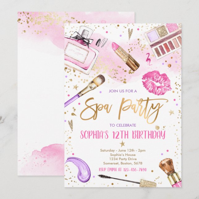 Invitación Maquillaje Fiesta de cumpleaños Glitz rosa y Fiest (Anverso / Reverso)
