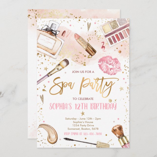 Invitación Maquillaje fiesta de cumpleaños Rubor Pink Glam Fi (Anverso / Reverso)