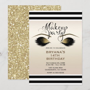 Invitación Maquillaje Glam Gold Pestañas Belleza Fiesta Perso