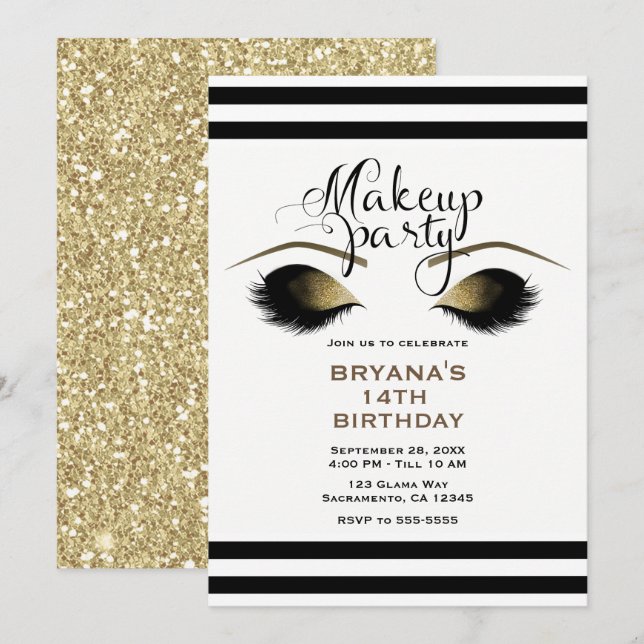 Invitación Maquillaje Glam Gold Pestañas Belleza Fiesta Perso (Anverso / Reverso)