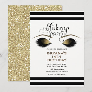 Invitación Maquillaje Glam Gold Pestañas Belleza Fiesta Perso