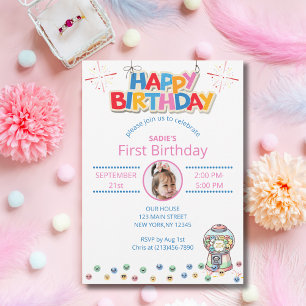 Invitación Máquina de Chicles Cumpleaños Número Uno Niño o Ni
