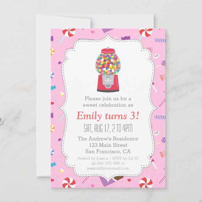 Invitación Máquina de Chicles Dulces Cumpleaños Fiesta (Anverso)
