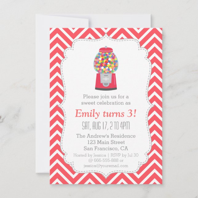 Invitación Máquina de Chicles Rojas Dulces Fiesta de Cumpleañ (Anverso)