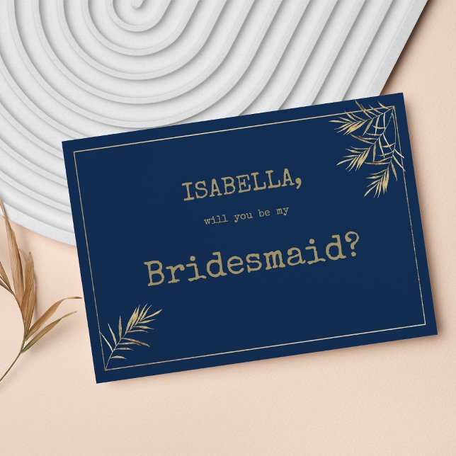 Invitación Máquina de escribir en hojas de oro azul marino ti (Navy blue gold leaf typewriter font Bridesmaid)