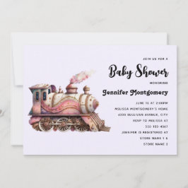 Invitación Máquina de tren rosa vintage baby shower steampunk