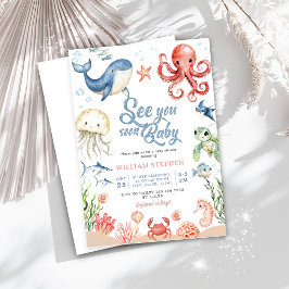 Invitación Mar Azul te Vea Pronto Animales del Océano Baby Sh