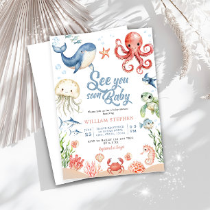Invitación Mar Azul te Vea Pronto Animales del Océano Baby Sh