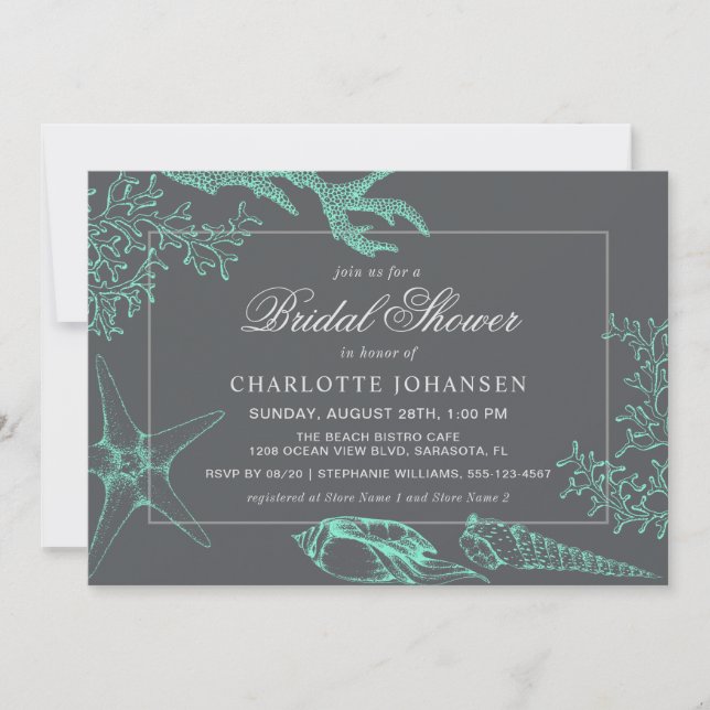 Invitación Mar costero Coral Tema Náutico Ducha de novias (Anverso)