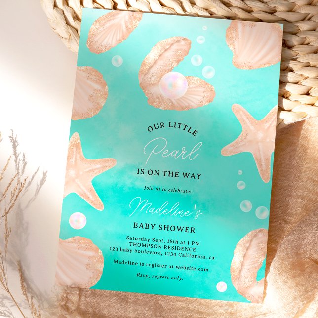 Invitación Mar de verano lindo océano pequeña ducha de peras (Cute summer ocean little pearl baby shower blue ocean  invitation)