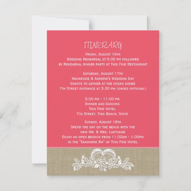 Invitación Mar Garland Tropical Beach Wedding Itinerario (Anverso)