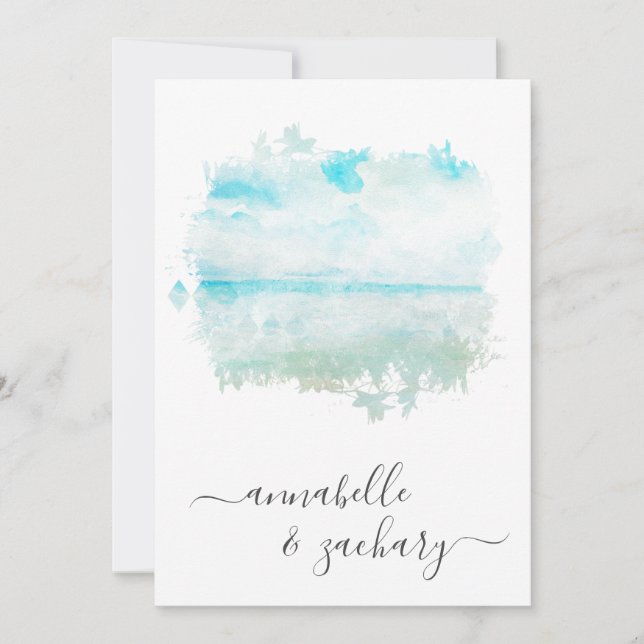 Invitación *~* Mar oceánico de playa + RSVP - Boda QR AR7 (Anverso)