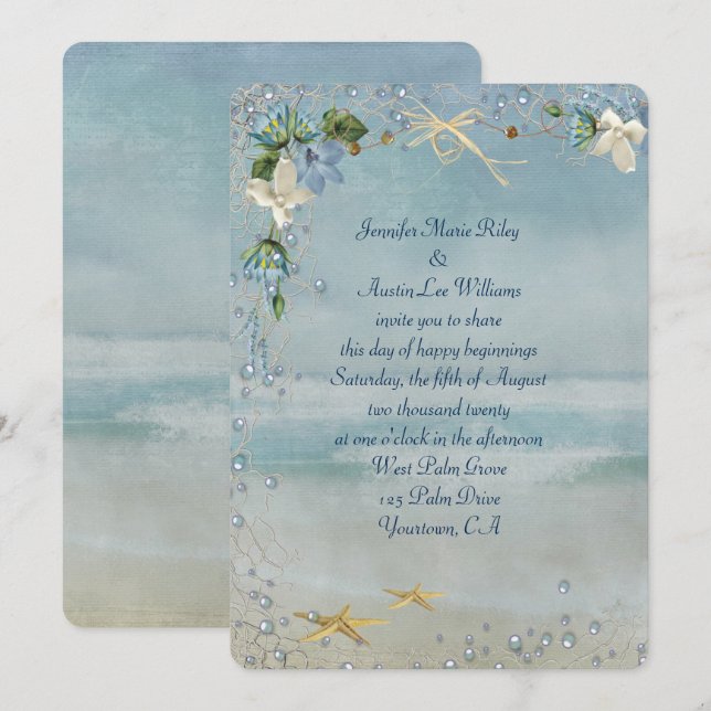 Invitación mar turquesa con estrellas de mar y burbujas (Anverso / Reverso)