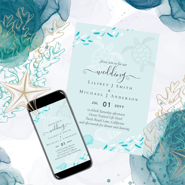 Invitación Mar Turtles Beach Wedding Turquesa Verde azulado (Subido por el creador)