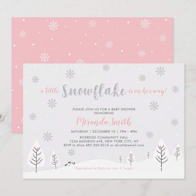 Invitación Maravilla de invierno rosa, Baby Shower/Sprinkle C (Anverso / Reverso)