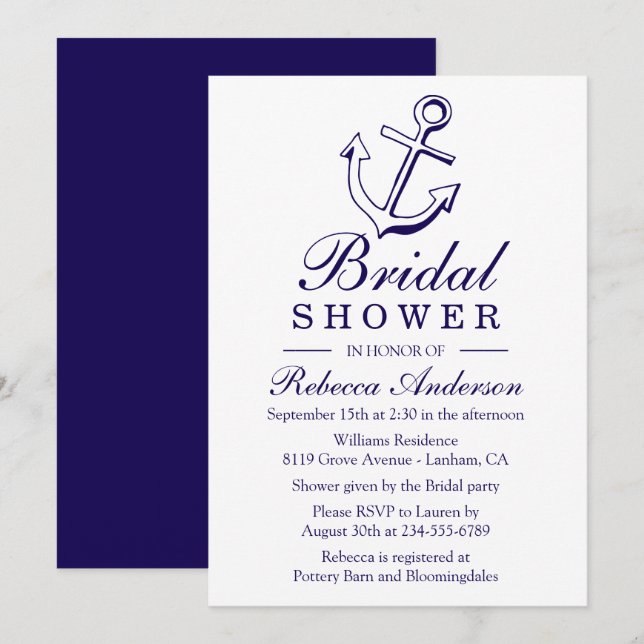 Invitación Maravilla Nautical Blue Bridal Shower (Anverso / Reverso)