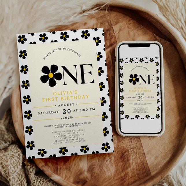 Invitación Maravillosa Fiesta de Cumpleaños Floral de 1er año (Subido por el creador)