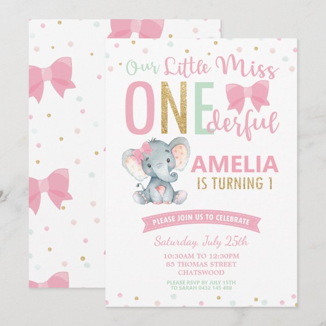 Invitación Maravillosa primera elefante de cumpleaños de la p (Anverso / Reverso)