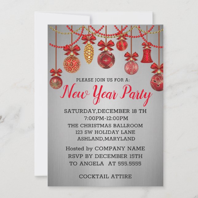 Invitación Maravilloso, asombroso Año Nuevo de las Bolas Roja (Anverso)