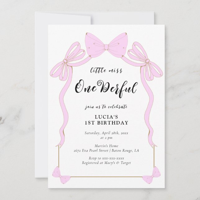 Invitación Maravilloso bebé Coquette Rosa Chica Bow Primer cu (Anverso)
