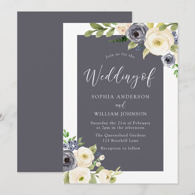 Invitación Maravilloso Boda de flores beige azul de la marina (Anverso / Reverso)
