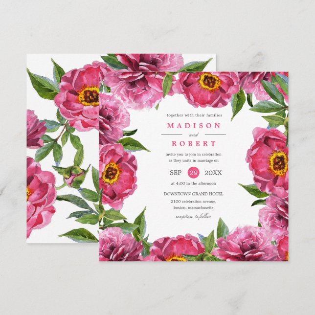 Invitación Maravilloso Boda de moda de flores de los peones m (Anverso / Reverso)