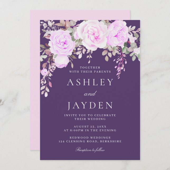 Invitación Maravilloso Boda Floral Morado y Violeta (Anverso / Reverso)