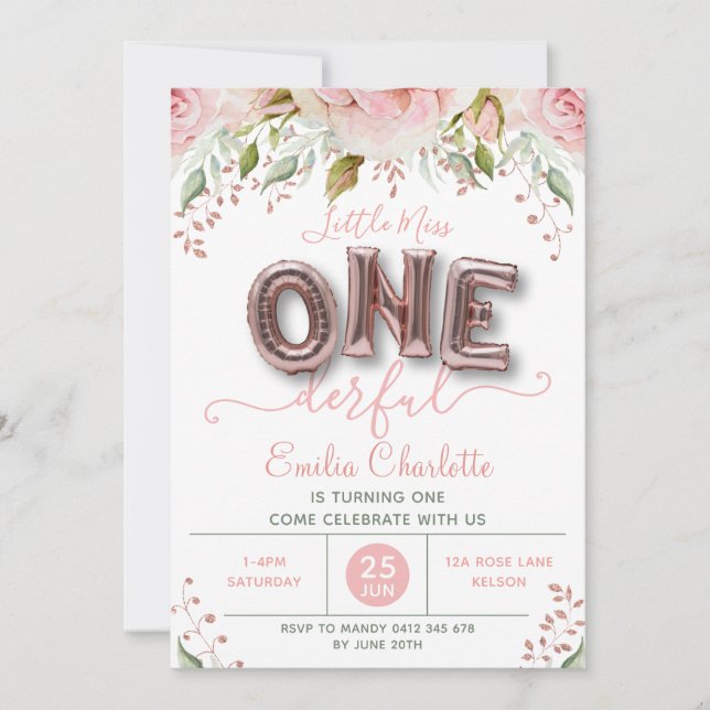 Invitación Maravilloso Chica Globo Rosa Primer cumpleaños (Anverso)