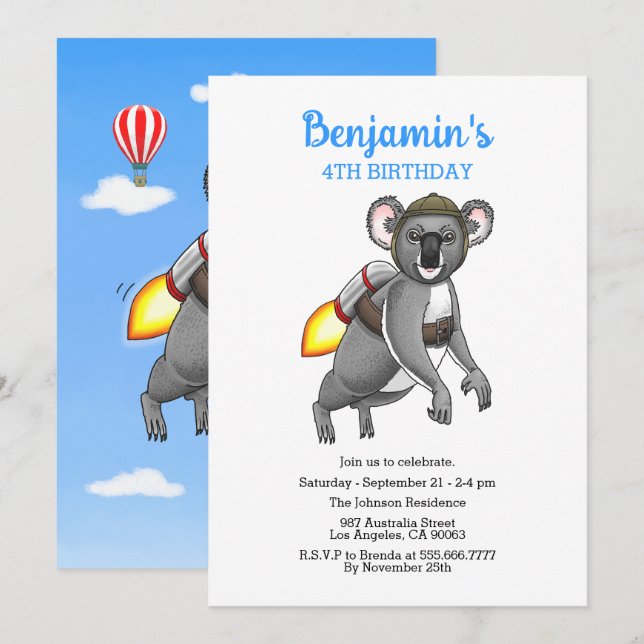 Invitación Maravilloso Cohete Koala Bear (Anverso / Reverso)
