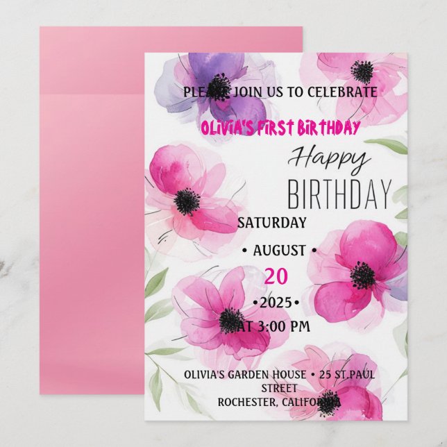 Invitación Maravilloso Cumpleaños número uno con flores rosad (Anverso / Reverso)