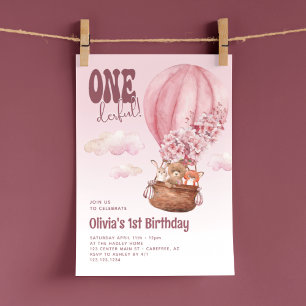 Invitación Maravilloso globo aerostático rosa 1er cumpleaños
