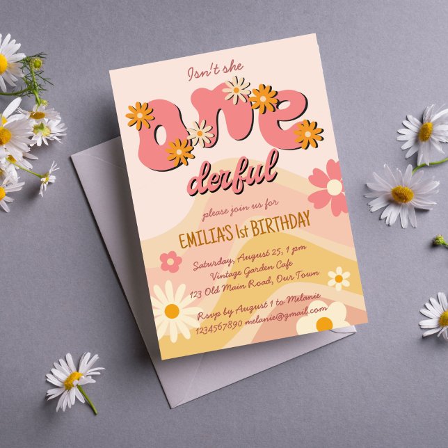 Invitación Maravilloso groovy un retro cumpleaños de margarit (Onederful groovy one retro daisy 1st birthday party invitation editable template instant download)